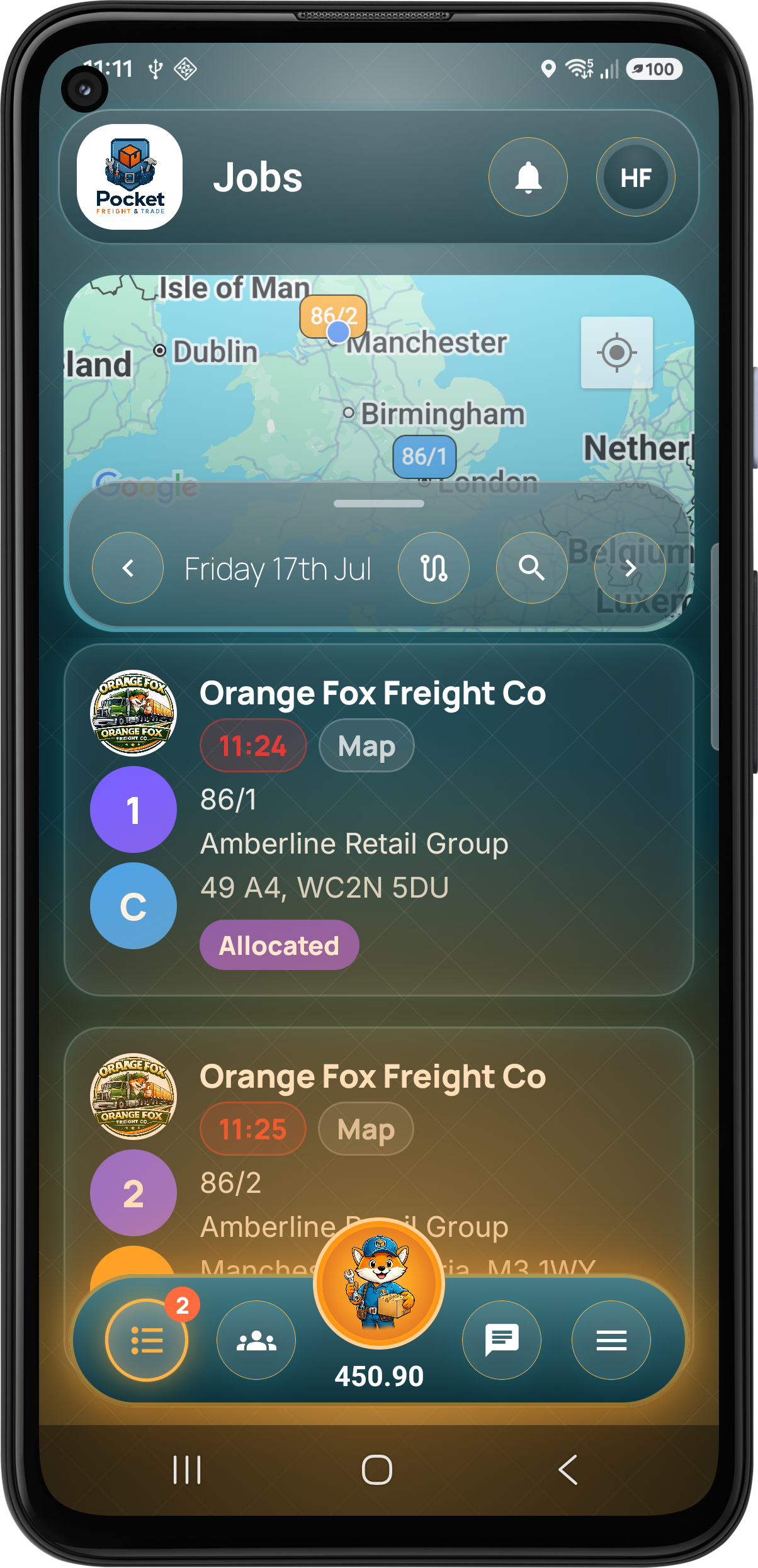 Pocket Freight driver job list layout preview