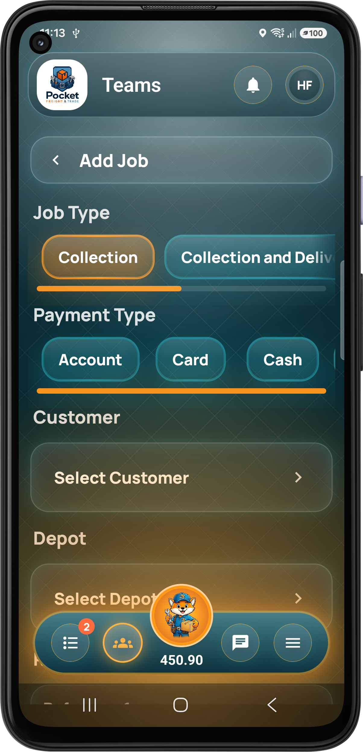 Pocket Freight & Trade create job screen