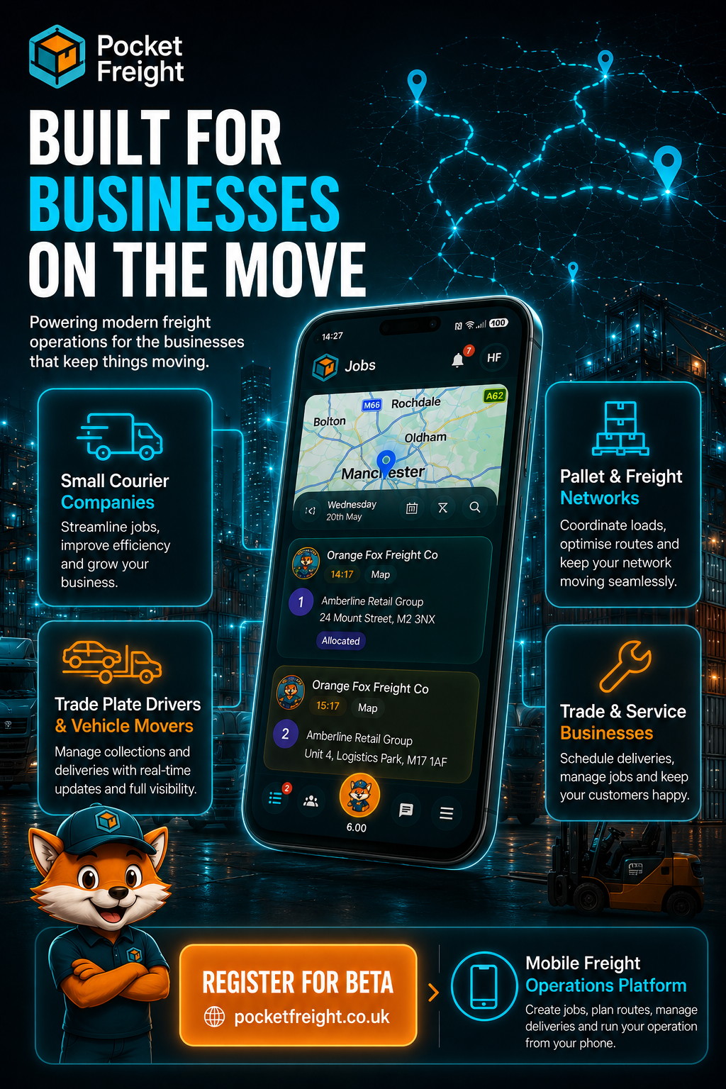 Pocket Freight & Trade app shown in a logistics marketing graphic