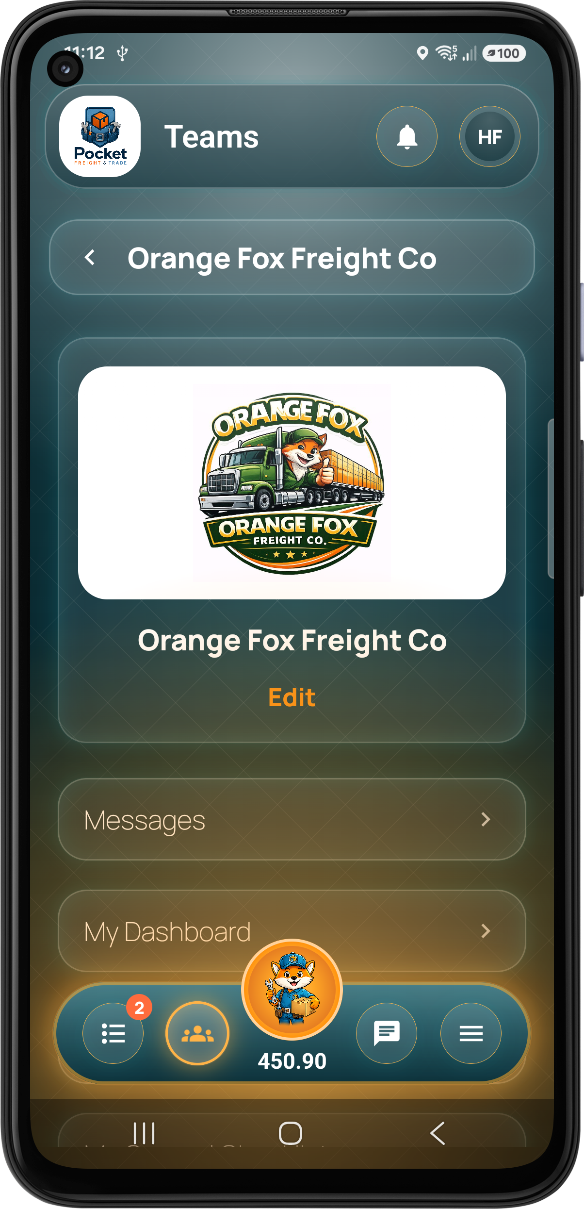 Pocket Freight & Trade team screen